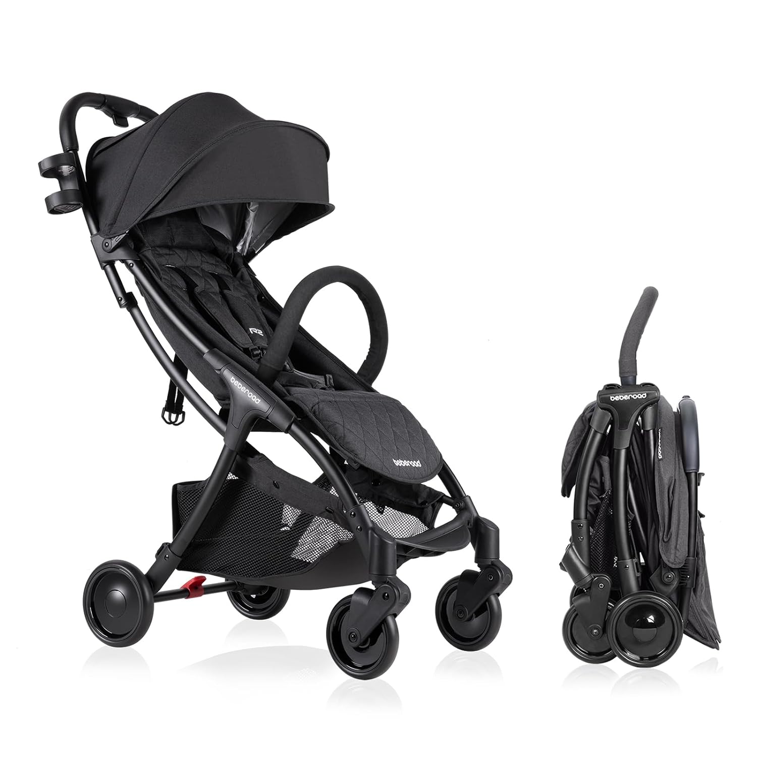 Beberoad Love R2 Lightweight Compact Baby Stroller Foldable Travel Stroller for Baby Newborn Infant Toddler with Adjustable Backrest, Cup Holder, Storage Basket and UPF 50+  Waterproof Canopy, Black