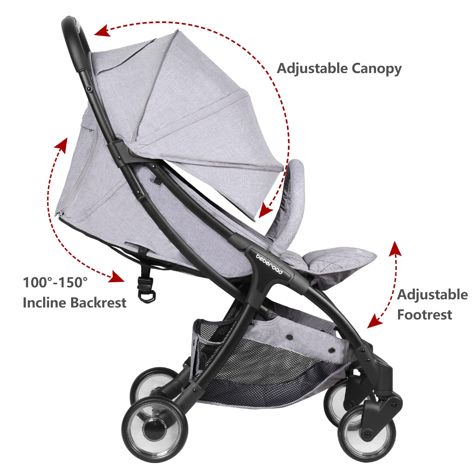 Beberoad Love R2 Lightweight Compact Baby Stroller Foldable Travel Stroller for Baby Newborn Infant Toddler with Adjustable Backrest, Cup Holder, Storage Basket and UPF 50+  Waterproof Canopy, Black