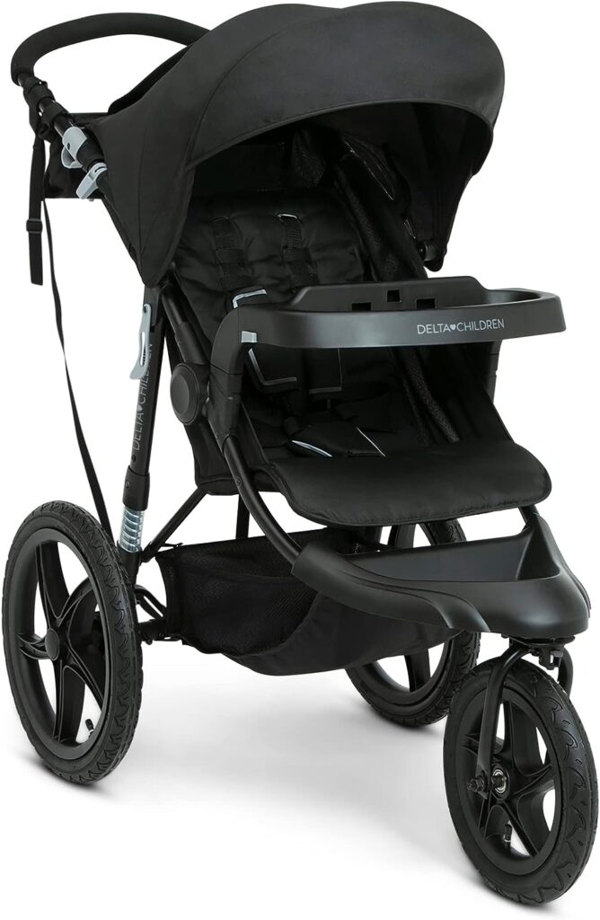 Delta Children Apollo Jogging Stroller - Shock Absorbing Frame with Large Canopy  Recline - Car Seat Compatible, Black