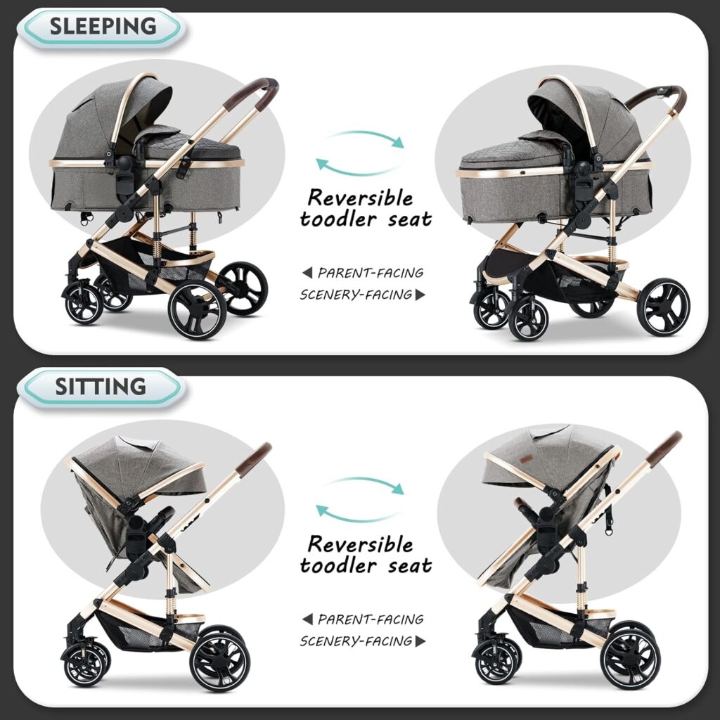 Blahoo Baby Stroller for Newborn, 2 in1 High Landscape Stroller, Foldable Aluminum Alloy Pushchair with Adjustable Backrest. Bassinet Stroller(Gold Gray)