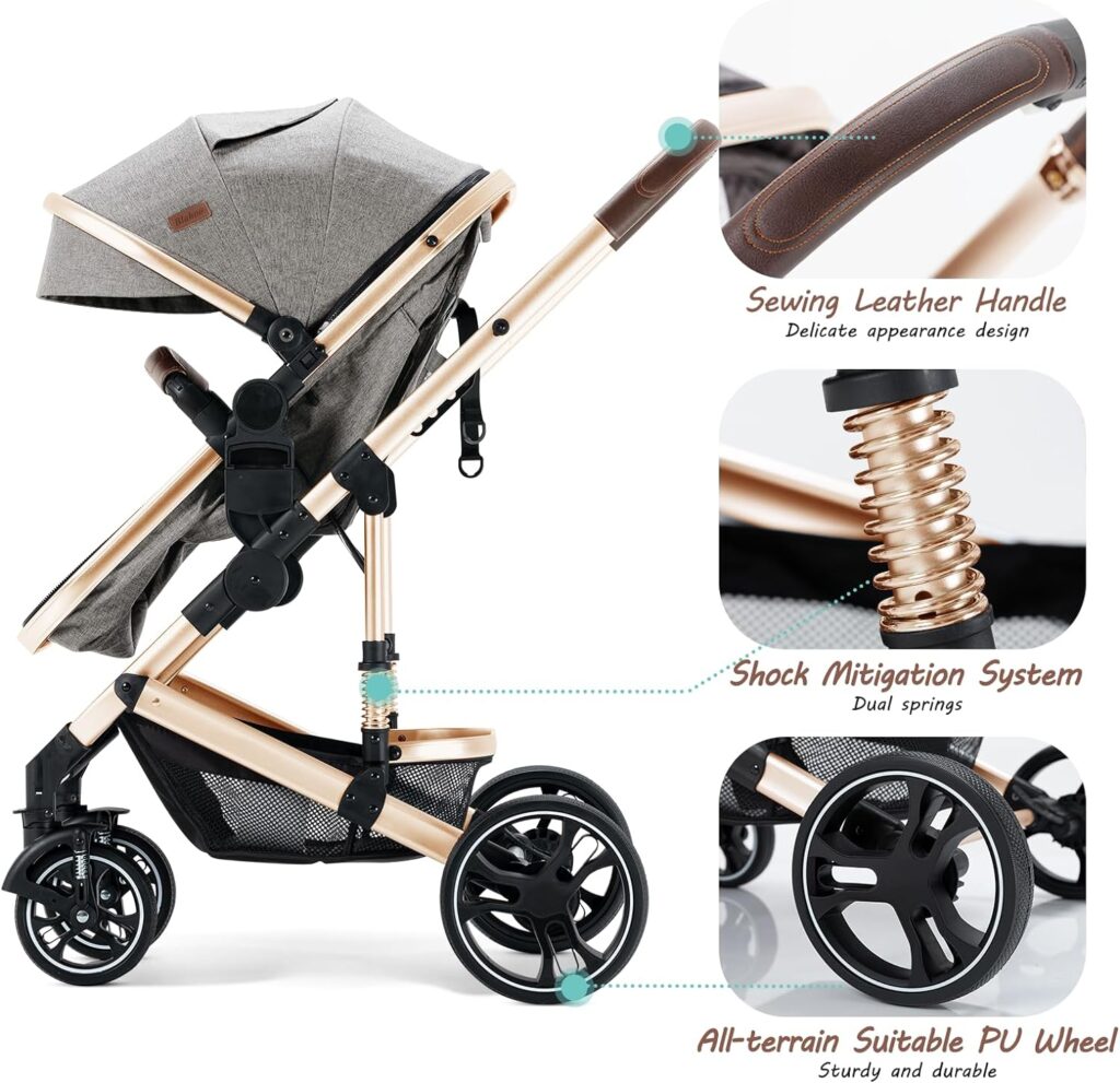 Blahoo Baby Stroller for Newborn, 2 in1 High Landscape Stroller, Foldable Aluminum Alloy Pushchair with Adjustable Backrest. Bassinet Stroller(Gold Gray)