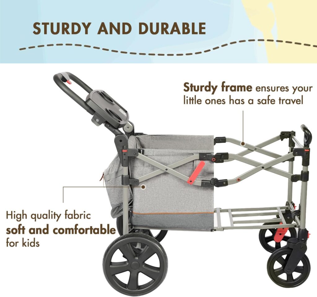 BusyBee Foldable Stroller Wagon for 2 Kids, Push Pull Collapsible Stroller with Adjustable Handle Bar, Removable Canopy, 5-Point Harness, Shock-Absorbing Wheels, Support up to 110lbs, Grey