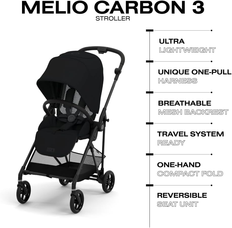 CYBEX Melio 3 Carbon Stroller, Ultra-Lightweight Stroller, Compact Full-Size Stroller, Reversible Seat, One Hand Fold, Travel System Ready, Infant Stroller for 6 Months+ - Moon Black