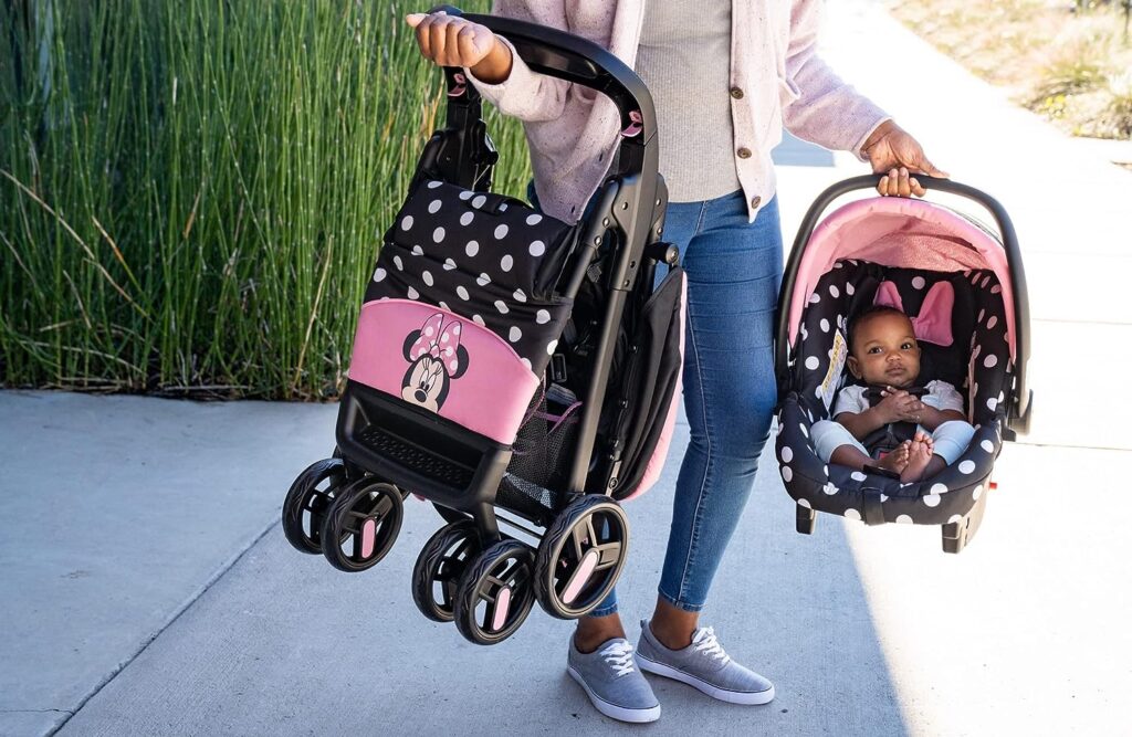 Disney Baby Minnie Mouse Simple Fold LX Travel System, Lift to fold compactly in Less Than a Second for Easy Storage; self-Standing When Folded, Minnie Dot Party