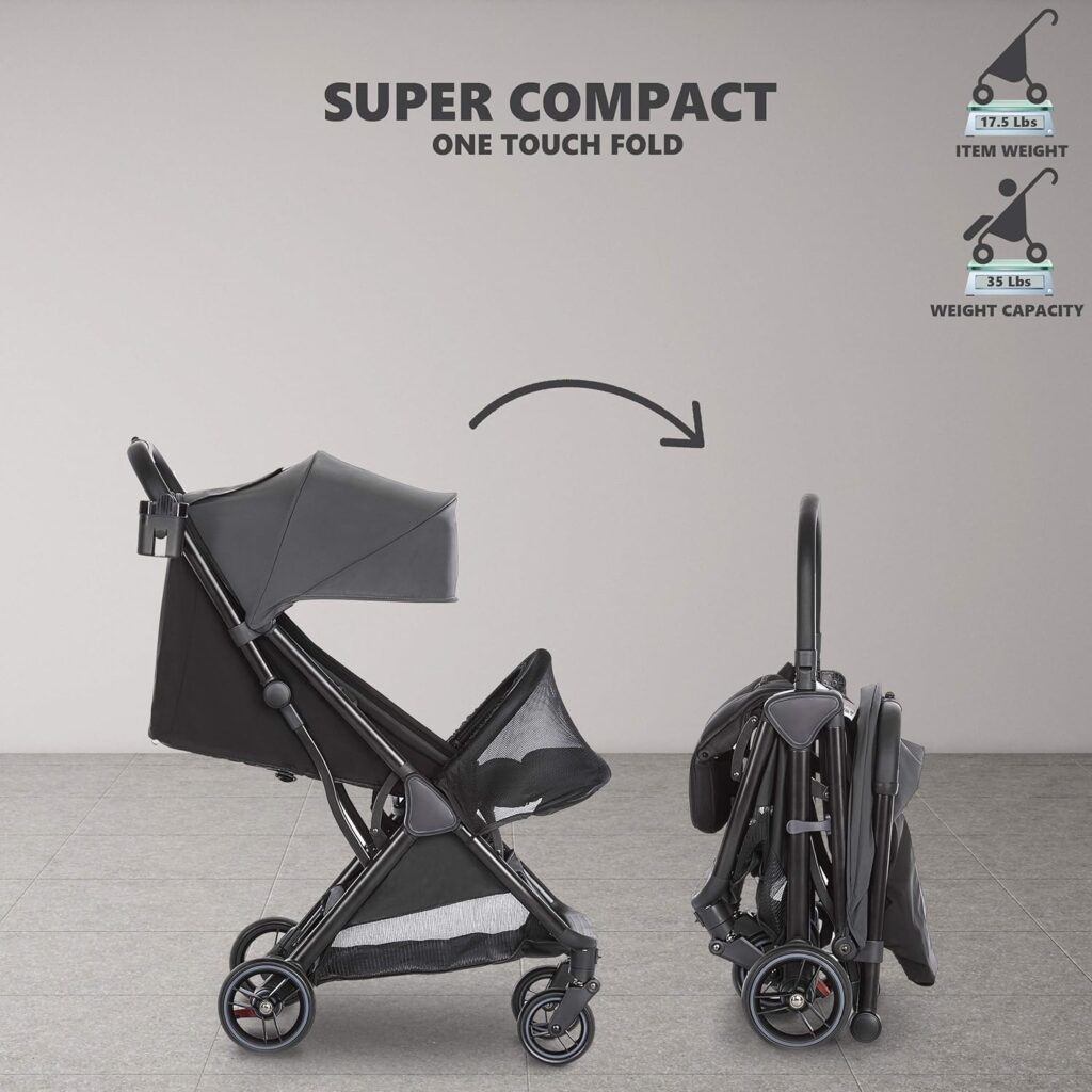 Dream On Me Insta Auto Fold Stroller | Portable Traveling Stroller | One Touch Fold | Compact Perfect for Plane, Grey