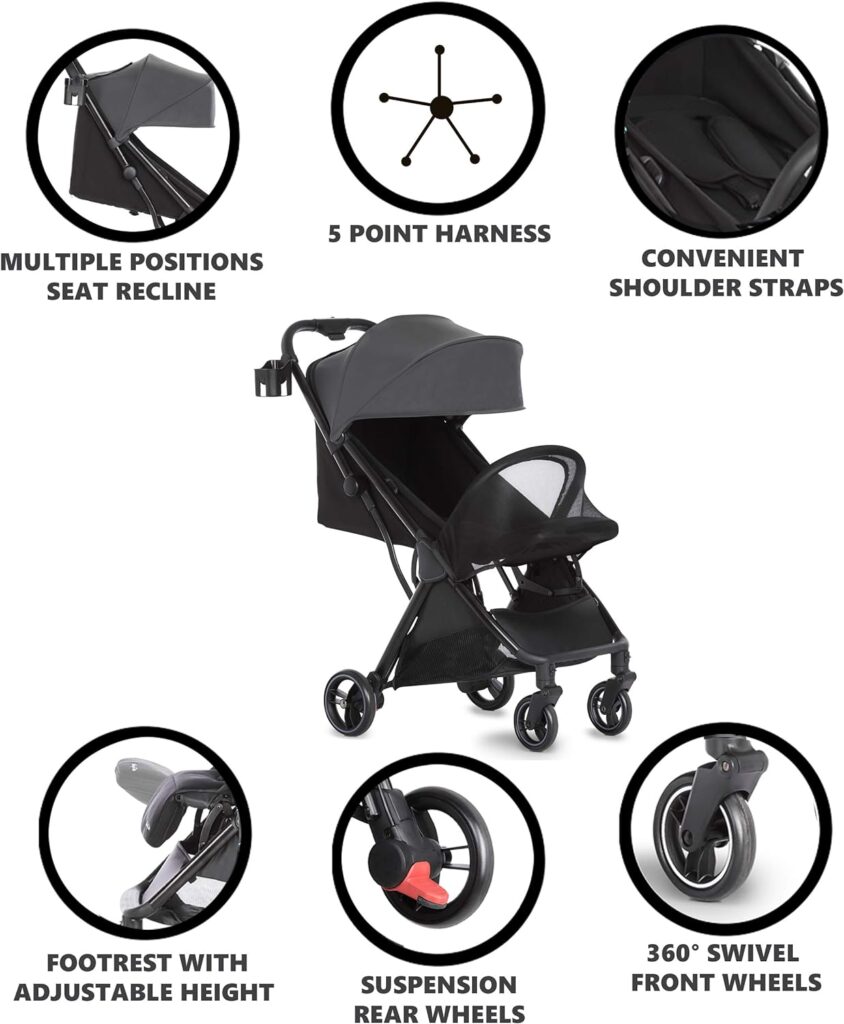 Dream On Me Insta Auto Fold Stroller | Portable Traveling Stroller | One Touch Fold | Compact Perfect for Plane, Grey