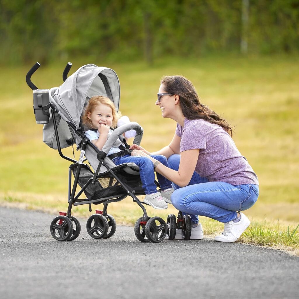 Dream On Me Vista Moonwalk Baby Stroller in Light Gray, Lightweight Infant Stroller with Compact Fold, Multi-Position Recline Umbrella Stroller with Canopy, Extra Large Storage and Cup Holder