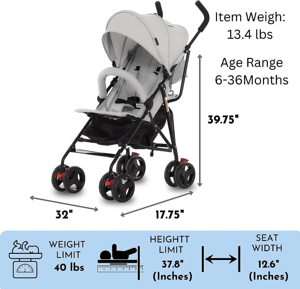 Dream On Me Vista Moonwalk Baby Stroller in Light Gray, Lightweight Infant Stroller with Compact Fold, Multi-Position Recline Umbrella Stroller with Canopy, Extra Large Storage and Cup Holder