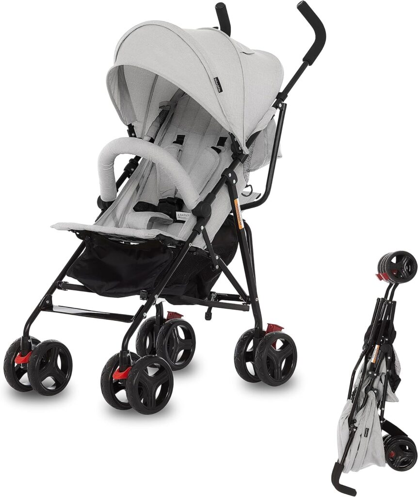 Dream On Me Vista Moonwalk Baby Stroller in Light Gray, Lightweight Infant Stroller with Compact Fold, Multi-Position Recline Umbrella Stroller with Canopy, Extra Large Storage and Cup Holder