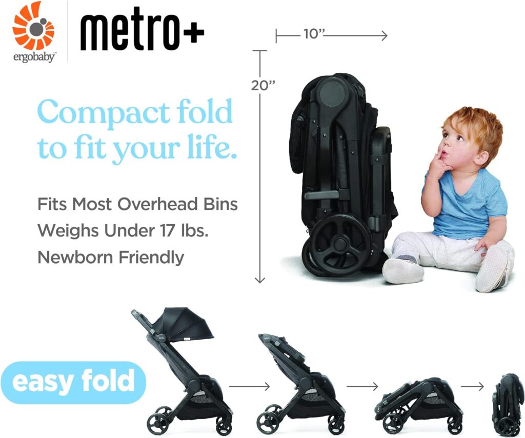 Ergobaby Metro+ Compact Baby Stroller, Lightweight Umbrella Stroller Folds Down for Overhead Airplane Storage (Carries up to 50 lbs), Car Seat Compatible, Slate Grey