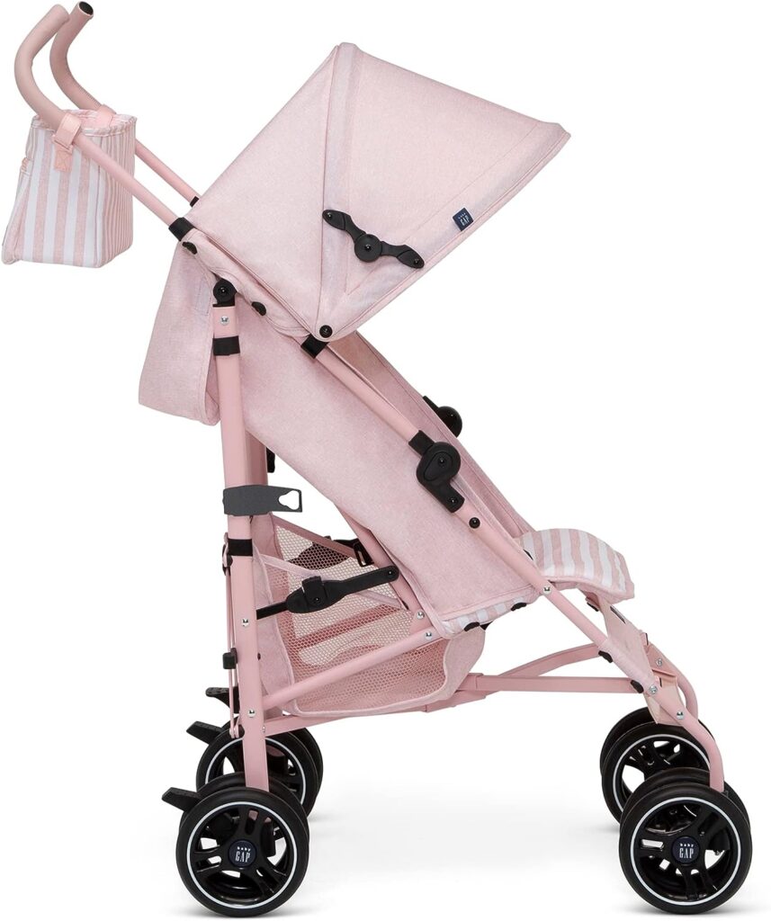 GAP babyGap Classic Stroller - Lightweight Stroller with Recline, Extendable Sun Visors  Compact Fold - Made with Sustainable Materials, Pink Stripes