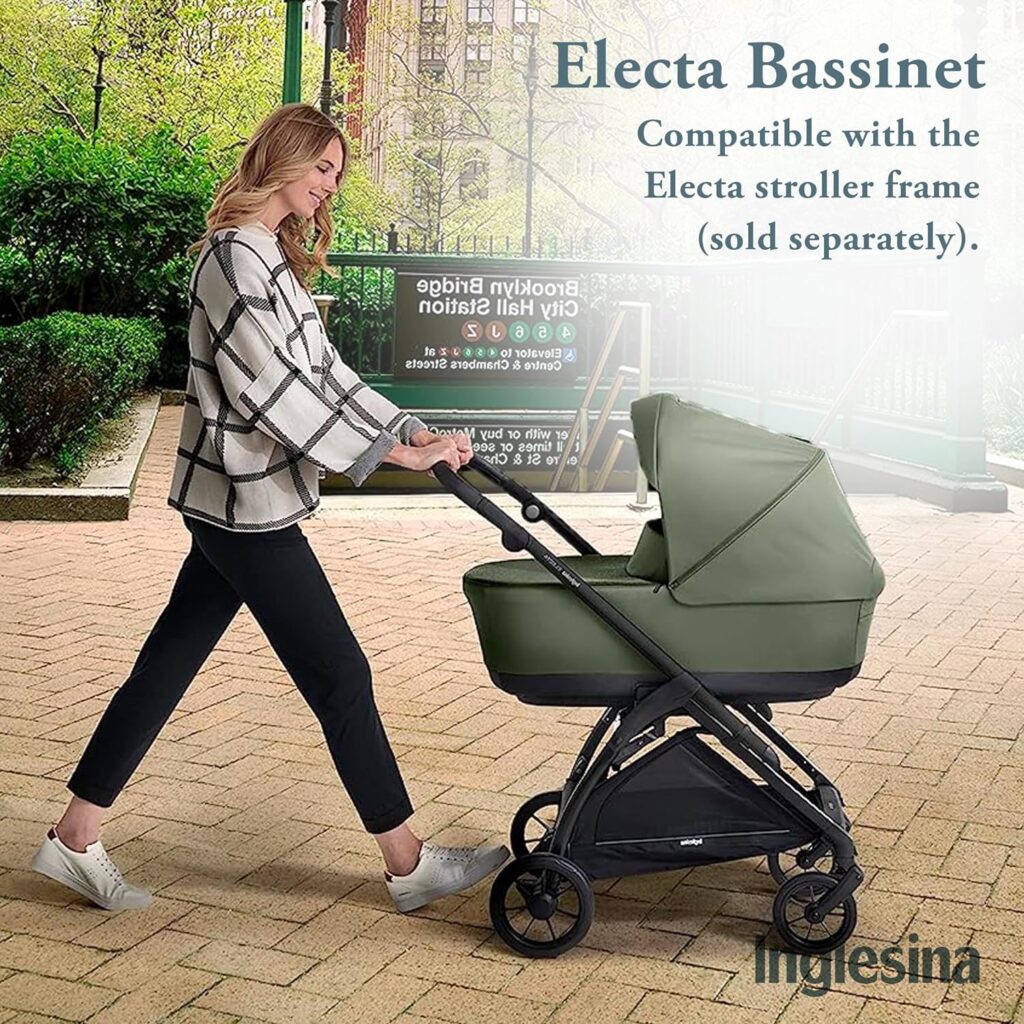 Inglesina Electa Bassinet + Stand for Baby and Newborns up to 6 Months - for Overnight Sleep  Travel - with Ventilation Control System, Cover  Canopy - Electa Stroller Compatible - Tribeca Green