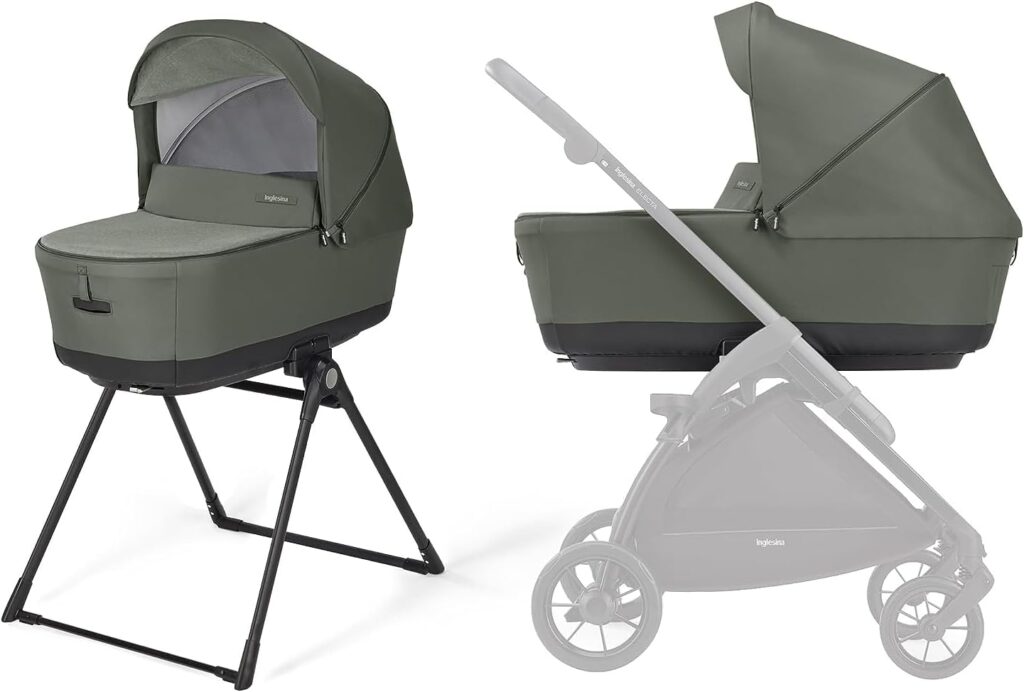 Inglesina Electa Bassinet + Stand for Baby and Newborns up to 6 Months - for Overnight Sleep  Travel - with Ventilation Control System, Cover  Canopy - Electa Stroller Compatible - Tribeca Green