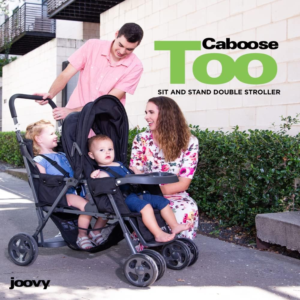 Joovy Caboose Too Sit and Stand Double Stroller Featuring Universal Car Seat Adapter, 3-Way Reclining Seats, Option to Use Rear Seat, Bench Seat, or Standing Platform (Black)