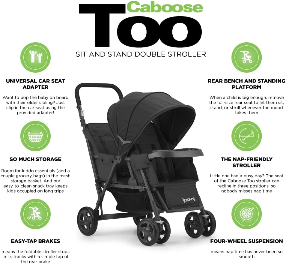 Joovy Caboose Too Sit and Stand Double Stroller Featuring Universal Car Seat Adapter, 3-Way Reclining Seats, Option to Use Rear Seat, Bench Seat, or Standing Platform (Black)