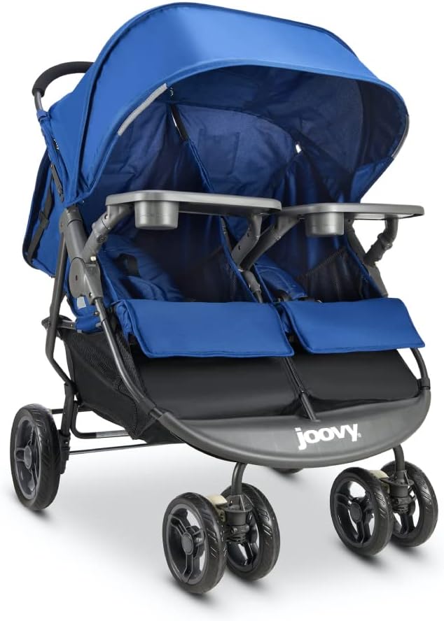 Joovy Scooter X2 Side-by-Side Double Stroller Featuring Dual Snack Trays, One-Handed Fold, Multi-Position Reclining Seats, Adjustable Leg Rests, and in-Seat Storage (Blueberry)