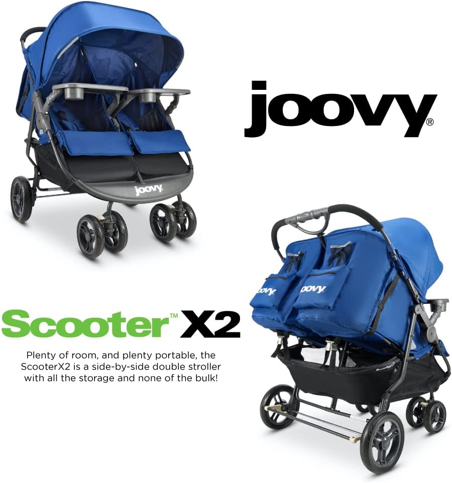 Joovy Scooter X2 Side-by-Side Double Stroller Featuring Dual Snack Trays, One-Handed Fold, Multi-Position Reclining Seats, Adjustable Leg Rests, and in-Seat Storage (Blueberry)