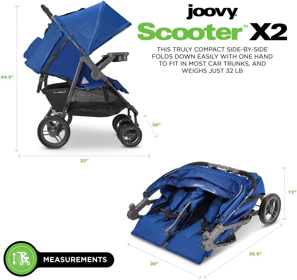 Joovy Scooter X2 Side-by-Side Double Stroller Featuring Dual Snack Trays, One-Handed Fold, Multi-Position Reclining Seats, Adjustable Leg Rests, and in-Seat Storage (Blueberry)