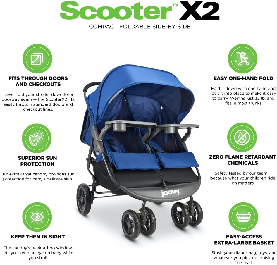 Joovy Scooter X2 Side-by-Side Double Stroller Featuring Dual Snack Trays, One-Handed Fold, Multi-Position Reclining Seats, Adjustable Leg Rests, and in-Seat Storage (Blueberry)