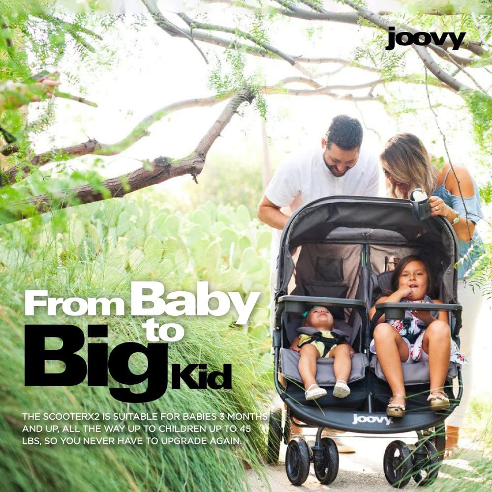 Joovy Scooter X2 Side-by-Side Double Stroller Featuring Dual Snack Trays, One-Handed Fold, Multi-Position Reclining Seats, Adjustable Leg Rests, and in-Seat Storage (Blueberry)