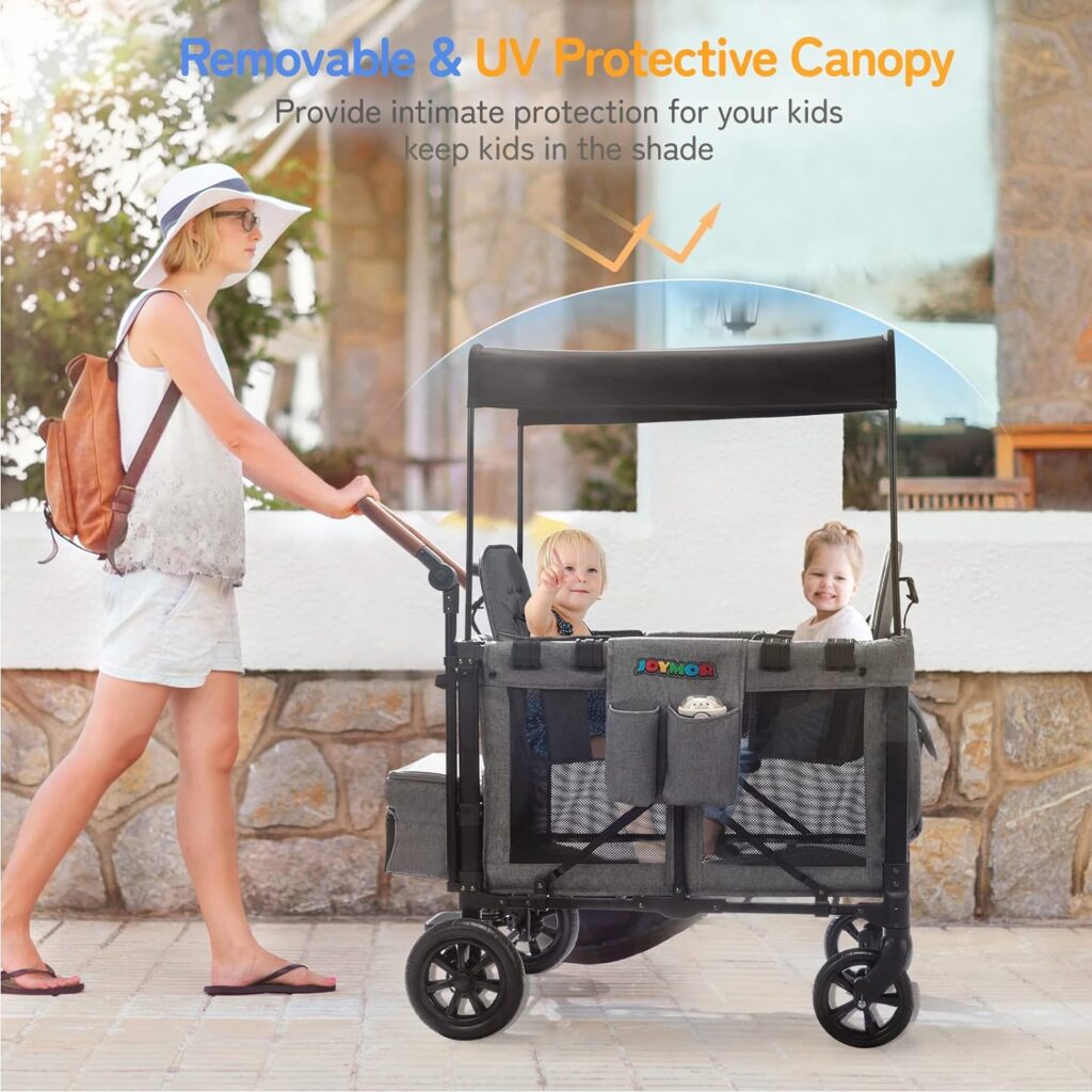 JOYMOR Face to Face 2 High Seats Folding Stroller Wagon for 2 Kids with Protection 5-Point Harnesses Button Buckle, Removable UV-Protection Canopy, Storage Pockets, Zipper Door