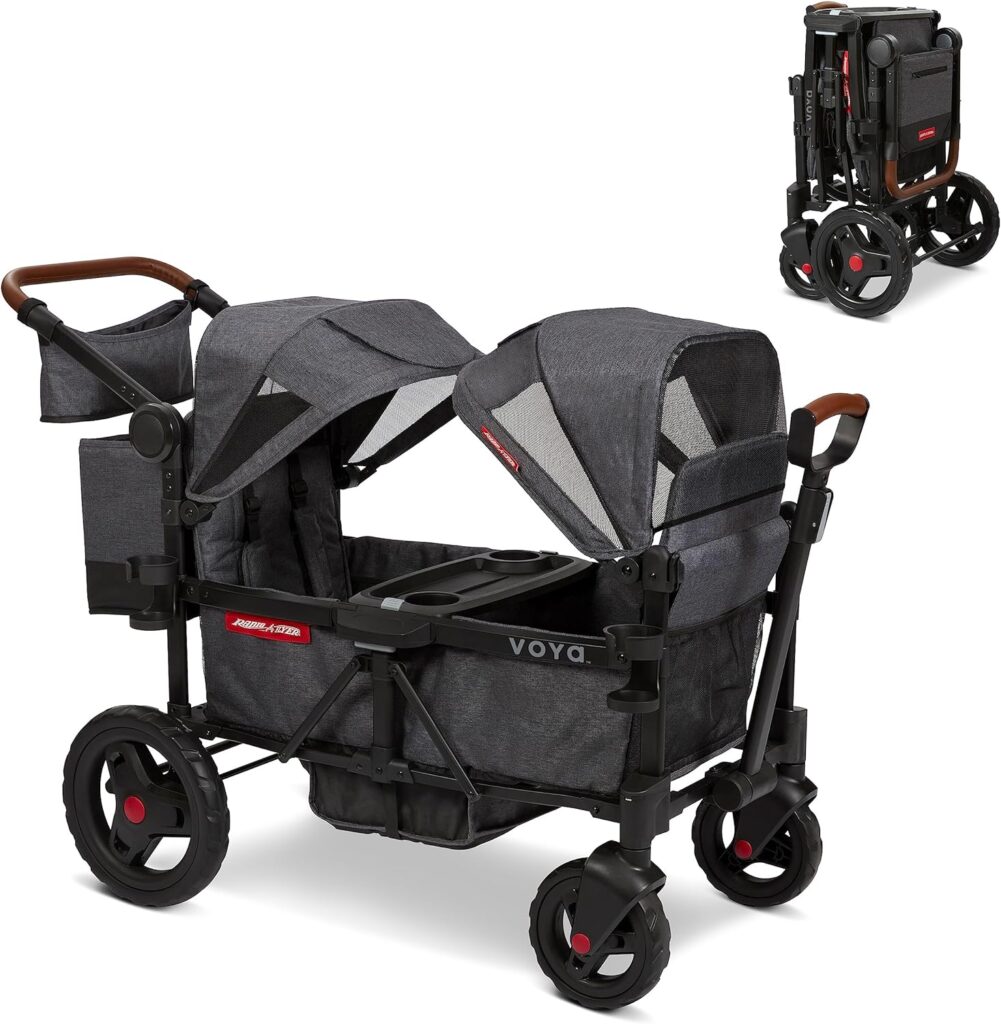 Radio Flyer Voya Stroller Wagon, Double Stroller, 2 High Face-to-Face Seats, Adjustable UV-Protection Canopy, Snack Tray, Gray