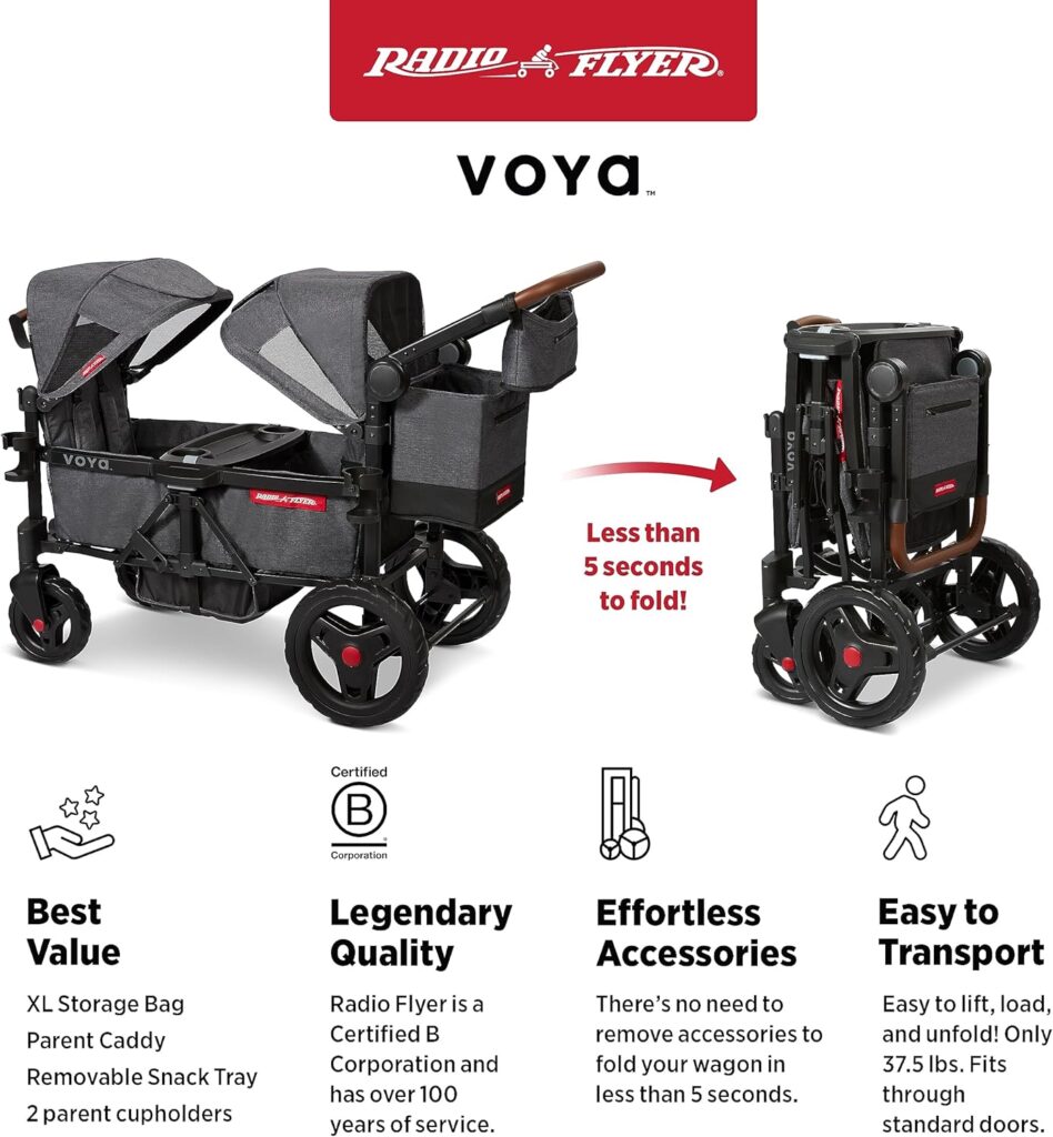 Radio Flyer Voya Stroller Wagon, Double Stroller, 2 High Face-to-Face Seats, Adjustable UV-Protection Canopy, Snack Tray, Gray