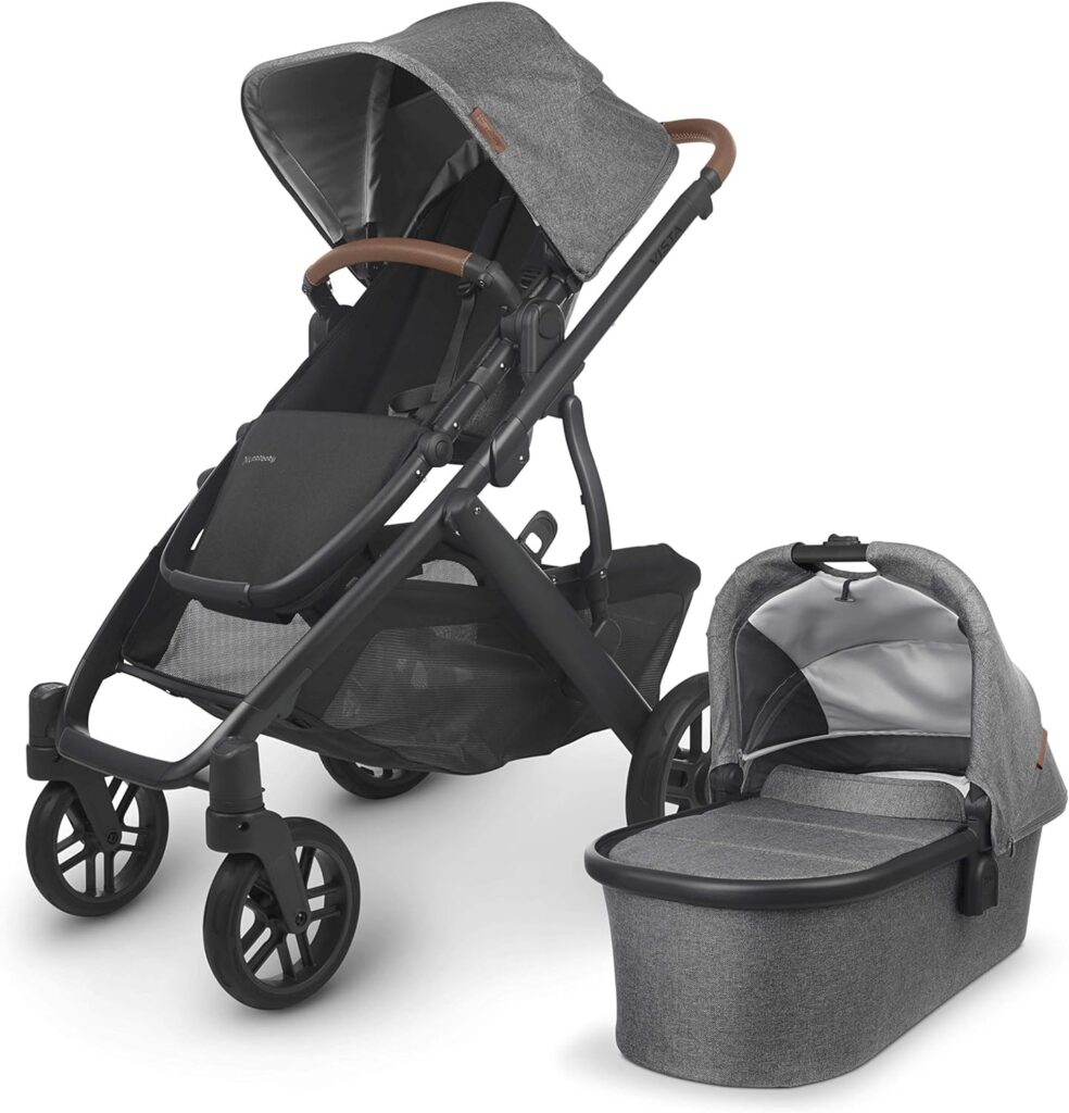 UPPAbaby Vista V2 Stroller - Greyson (Charcoal Melange/Carbon/Saddle Leather) + Mesa Infant Car Seat - Jordan (Charcoal Melange) Merino Wool