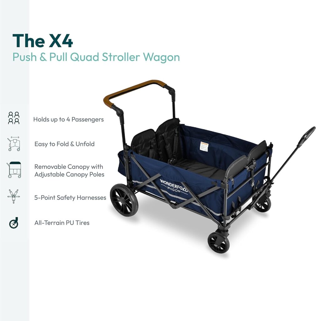 WONDERFOLD X4 Push  Pull Quad Stroller Wagon (4 Seater) Featuring Seats with 5-Point Harnesses, Adjustable Push Handle, and Adjustable/Removable UV-Protection Canopy, Sapphire Navy