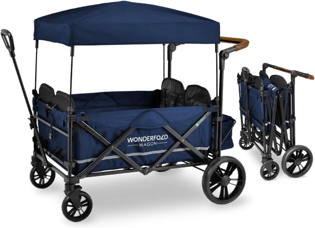 WONDERFOLD X4 Push  Pull Quad Stroller Wagon (4 Seater) Featuring Seats with 5-Point Harnesses, Adjustable Push Handle, and Adjustable/Removable UV-Protection Canopy, Sapphire Navy