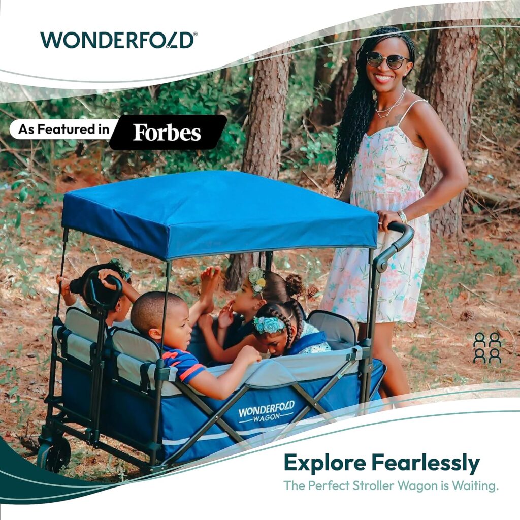 WONDERFOLD X4 Push  Pull Quad Stroller Wagon (4 Seater) Featuring Seats with 5-Point Harnesses, Adjustable Push Handle, and Adjustable/Removable UV-Protection Canopy, Sapphire Navy