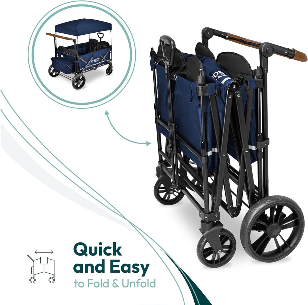 WONDERFOLD X4 Push  Pull Quad Stroller Wagon (4 Seater) Featuring Seats with 5-Point Harnesses, Adjustable Push Handle, and Adjustable/Removable UV-Protection Canopy, Sapphire Navy