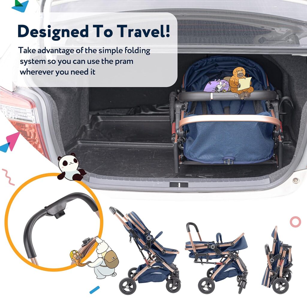 BABY K 2 in 1 Convertible Baby Pram Stroller (Dark Blue - with Snack Tray  Large Storage Basket) - Foldable Reverse Facing Baby Bassinet Stroller with Various Adjustable  Reclining Stroller Modes