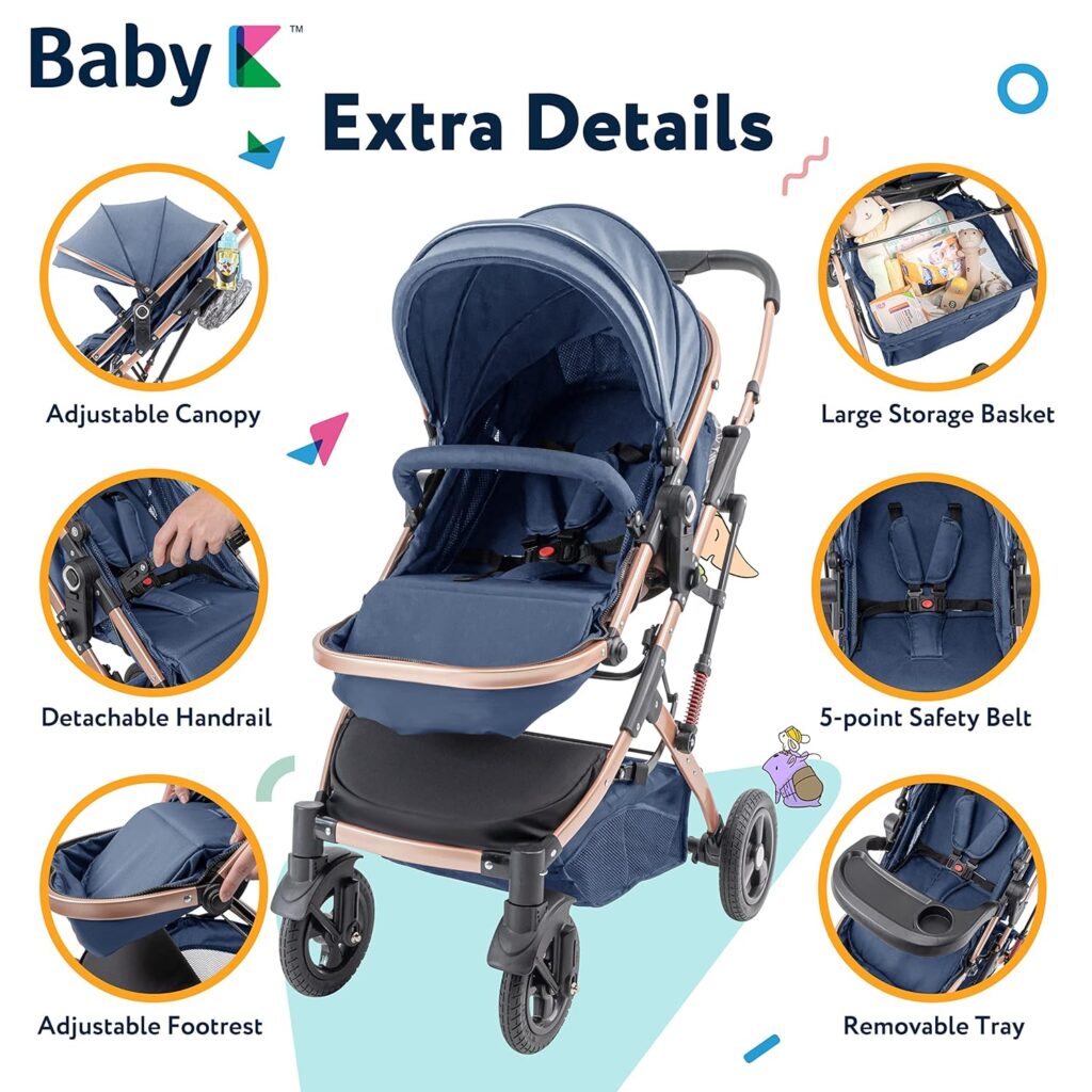 BABY K 2 in 1 Convertible Baby Pram Stroller (Dark Blue - with Snack Tray  Large Storage Basket) - Foldable Reverse Facing Baby Bassinet Stroller with Various Adjustable  Reclining Stroller Modes