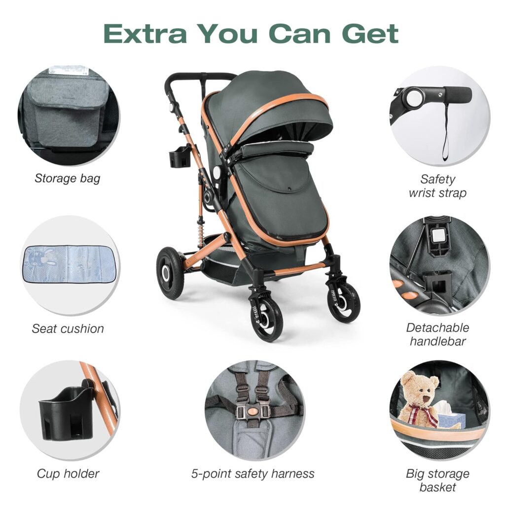 COLOR TREE 2 in 1 Baby Stroller, High Landscape Infant Stroller, Newborn Reversible Bassinet Pram, Foldable Pushchair with Foot Cover, Cup Holder, Net, Safety Wrist Strap (Celadon)