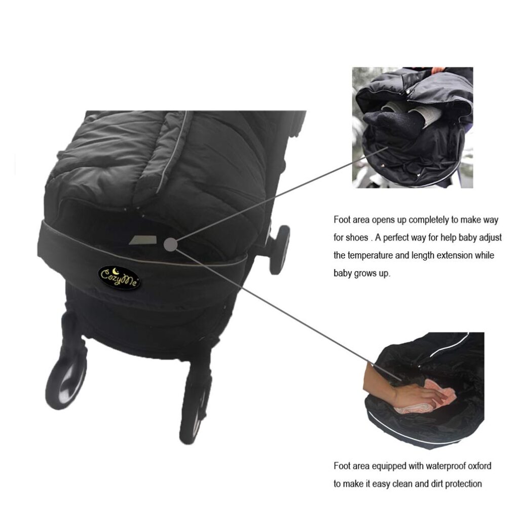 CozyMe Winter Stroller Blanket Evolution, Stroller Footmuff, 3-in-1 Waterproof Toddler Stroller Bunting Bag Fits Most Pushchairs and Joggers, Central Open, Reflective Strip Design, 6M - 36M, Black