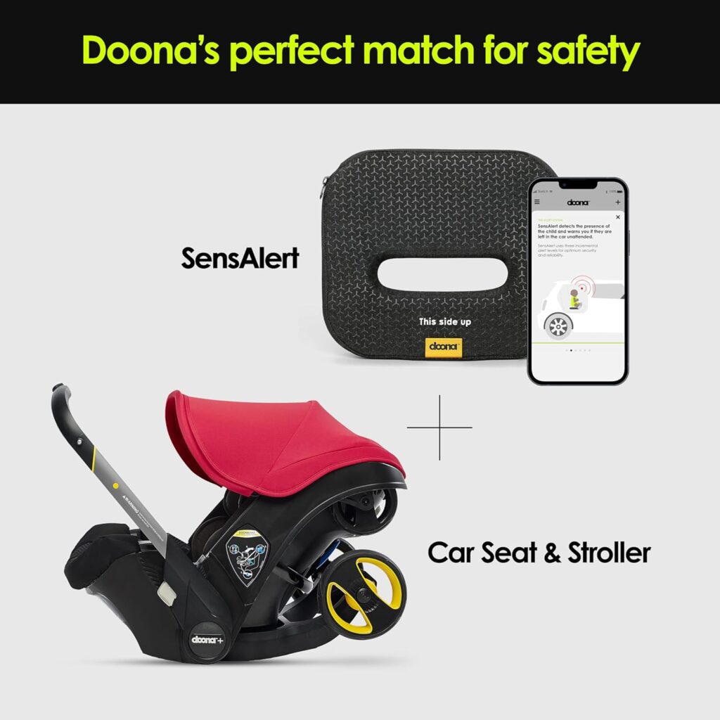 Doona Infant Car Seat, Latch Base and SensAlert Bundle - Rear Facing, Car Seat to Stroller in Seconds - Child Car Seat Alert Solution with App