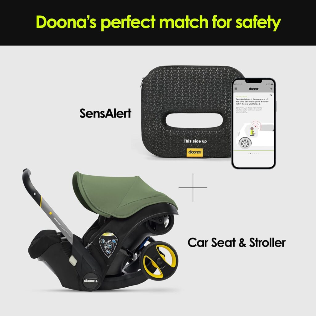 Doona Infant Car Seat, Latch Base and SensAlert Bundle - Rear Facing, Car Seat to Stroller in Seconds - Child Car Seat Alert Solution with App