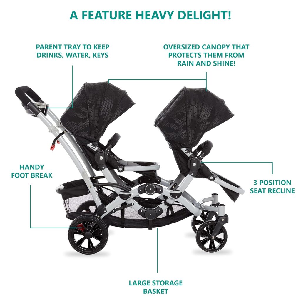 Dream On Me Track Tandem Double Umbrella Stroller in Black, Lightweight Double Stroller for Infant and Toddler, Multi-Position Reversible  Reclining Seats, Large Storage Basket and Canopy