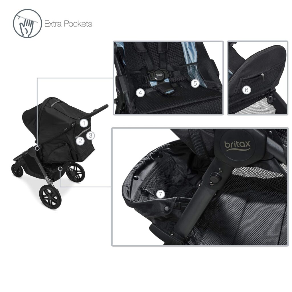 Britax B-Free Stroller, Midnight - All Terrain Tires, Adjustable Handlebar, One Hand Fold, Large UV50 Canopy