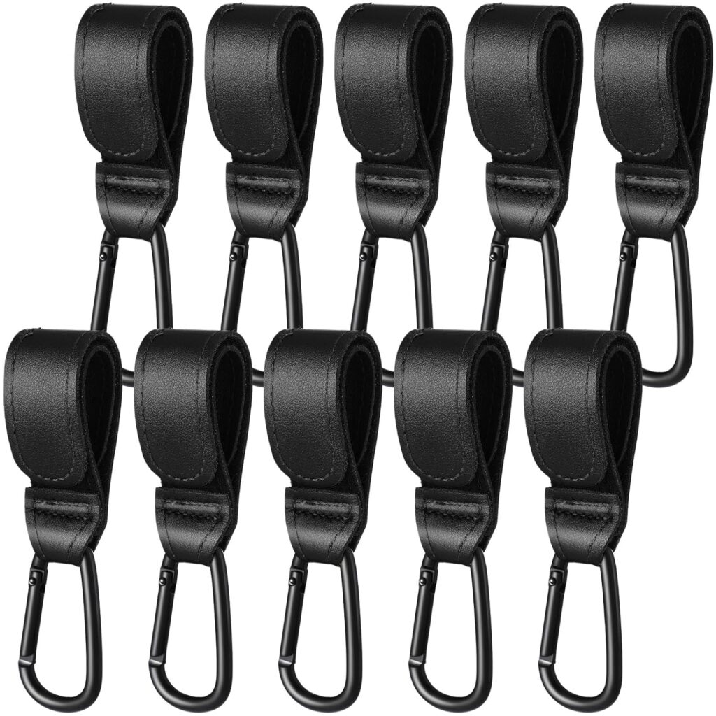 Hicarer 10 Pcs Baby Stroller Hooks Leather Universal Stroller Clip for Hanging Diaper Bag Stroller Car Shopping Cart Multipurpose Hooks for Grocery Shopping Bags Leather Pram Straps (Black)