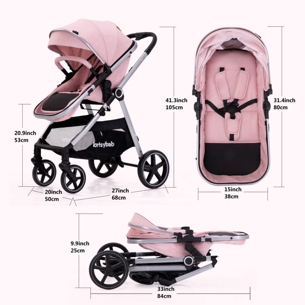 Lortsybab 2-in-1 Baby Stroller with Bassinet Mode - Folding Infant Newborn Pram Stroller with Reversible Seat - Toddler Strollers for 0-36 Months Old Babies (Pink)