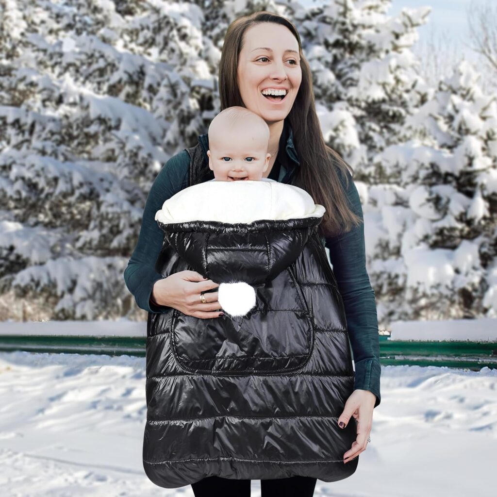 Orzbow Winter Baby Carrier Cover with Detachable Hood, Waterproof  Windproof, Universal for Baby Carriers and Baby Waist Stool, Baby Bunting Bag for Car Seats and Strollers with Storage Bag (Black)