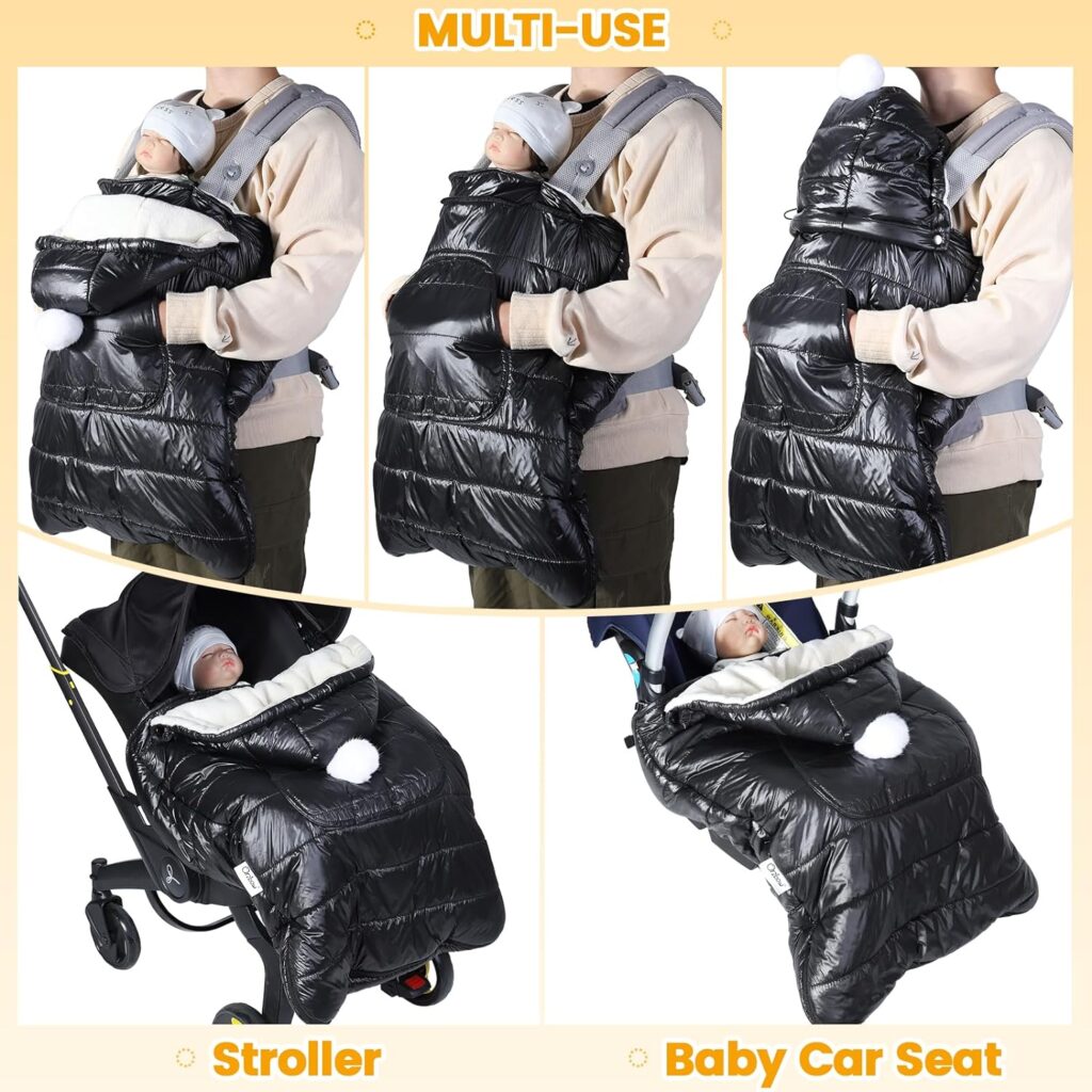 Orzbow Winter Baby Carrier Cover with Detachable Hood, Waterproof  Windproof, Universal for Baby Carriers and Baby Waist Stool, Baby Bunting Bag for Car Seats and Strollers with Storage Bag (Black)