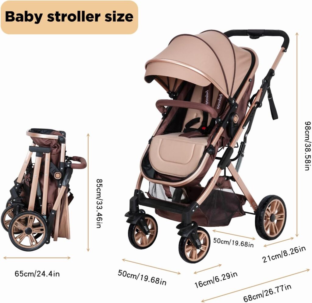 PEARLOVE 2 in 1 Convertible Baby Stroller Newborn Reversible Bassinet Pram, Foldable Pushchair with Adjustable Canopy Folding High Landscape Infant Carriage, Anti-Shock Toddler Pushchair