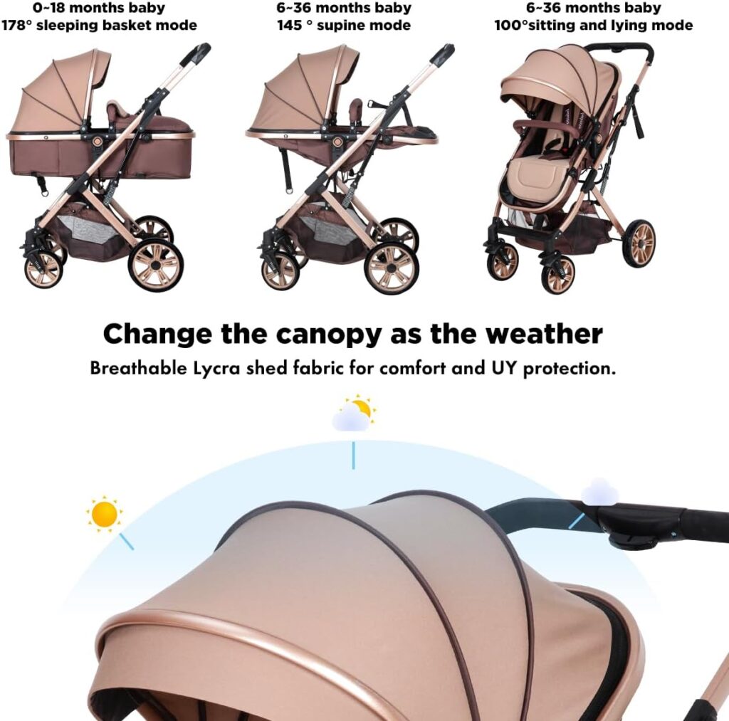 PEARLOVE 2 in 1 Convertible Baby Stroller Newborn Reversible Bassinet Pram, Foldable Pushchair with Adjustable Canopy Folding High Landscape Infant Carriage, Anti-Shock Toddler Pushchair